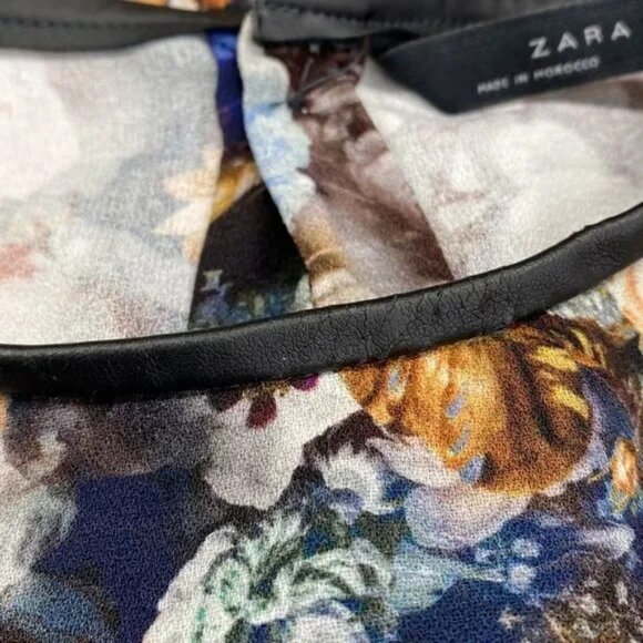 NWT ZARA WOMAN BLACK FLORAL FAUX LEATHER TRIM BUTTON BACK BLOUSE LARGE - Picture 6 of 7